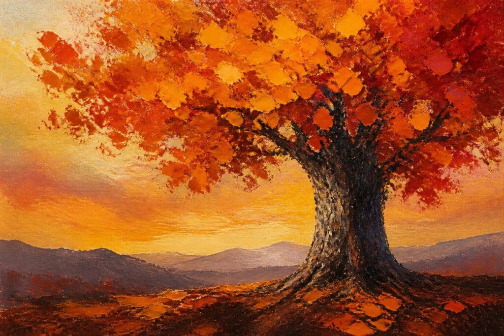 Large autumn tree with vibrant orange-red leaves and thick trunk against sunset mountains