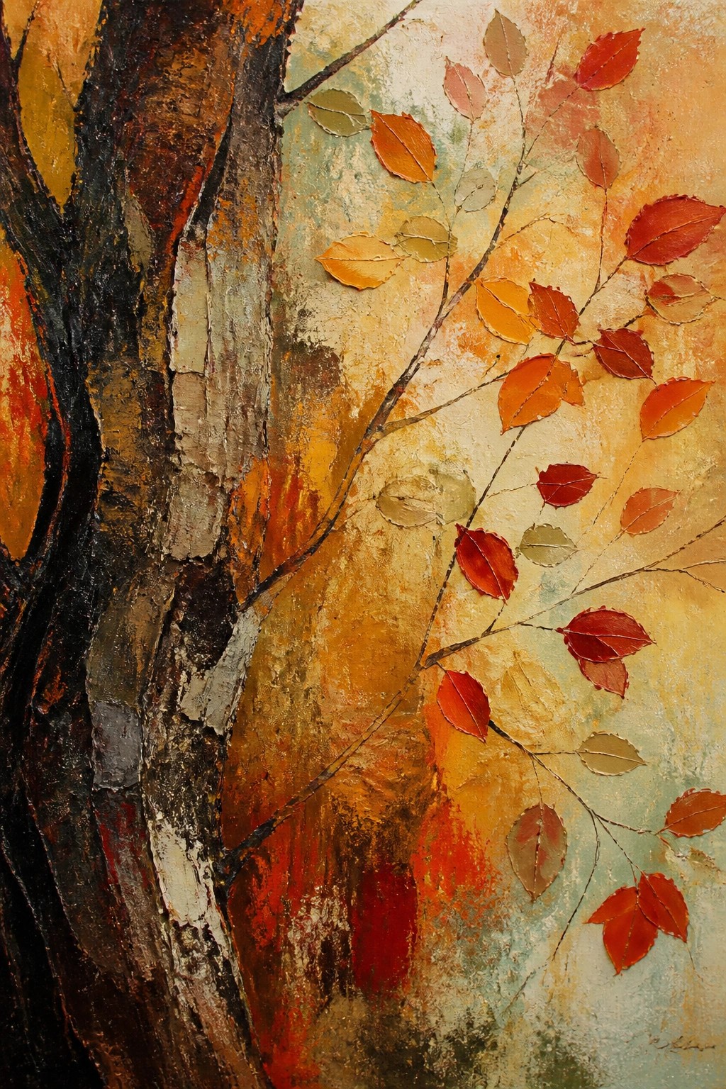 Textured tree trunk with vibrant red, orange, and yellow autumn leaves on branches.