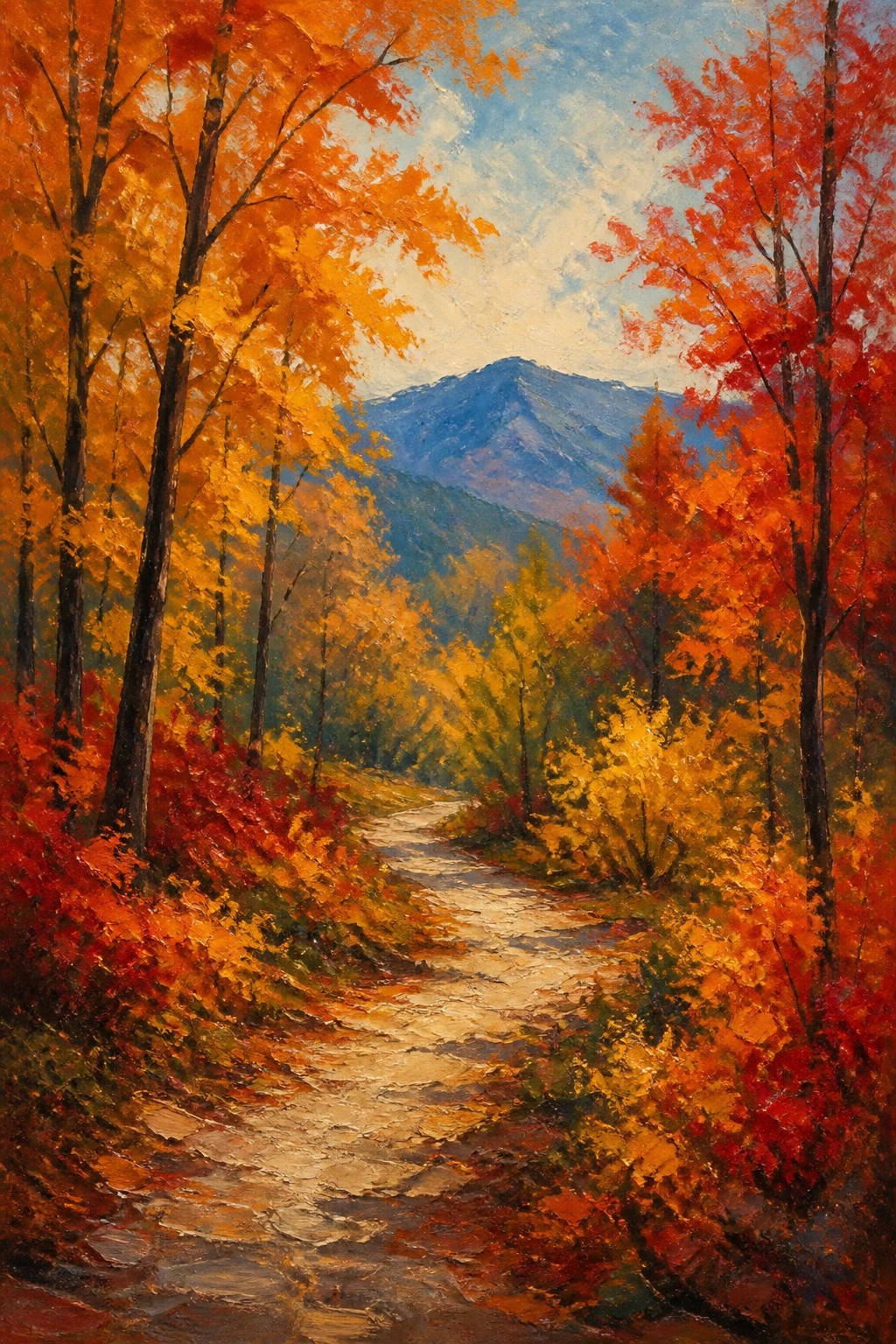 Autumn forest path lined with red-orange trees leads to misty mountains.