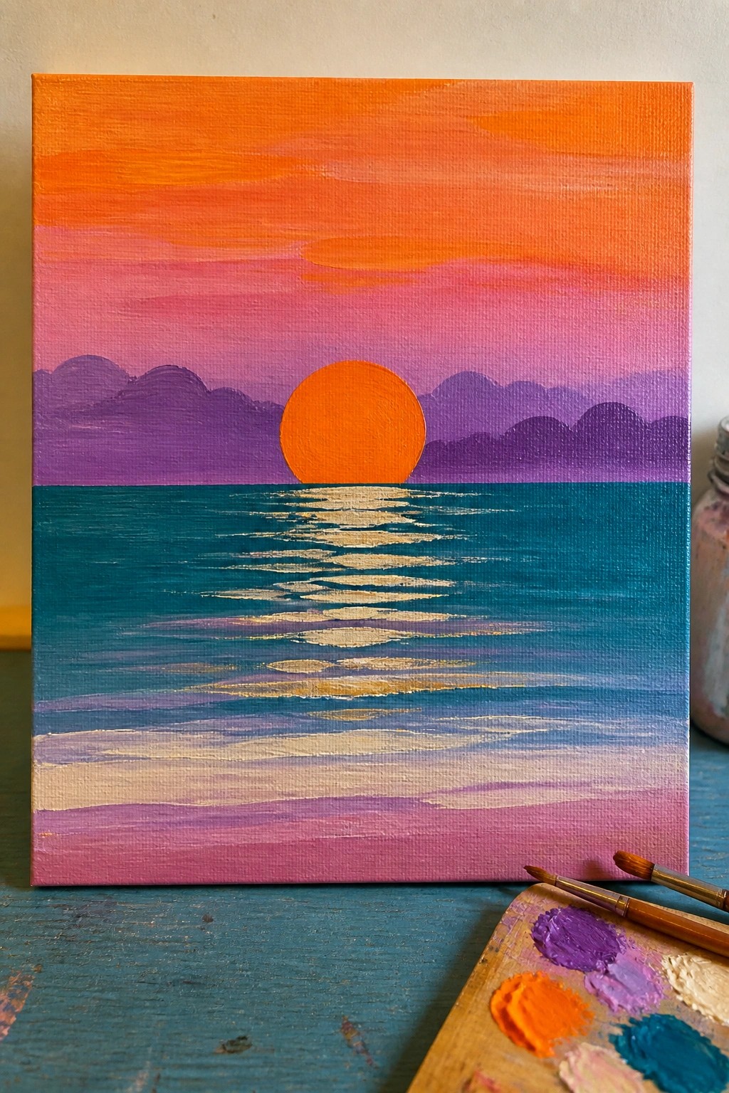Vibrant sunset painting with orange sun over teal ocean, purple mountains, and nearby paint palette.