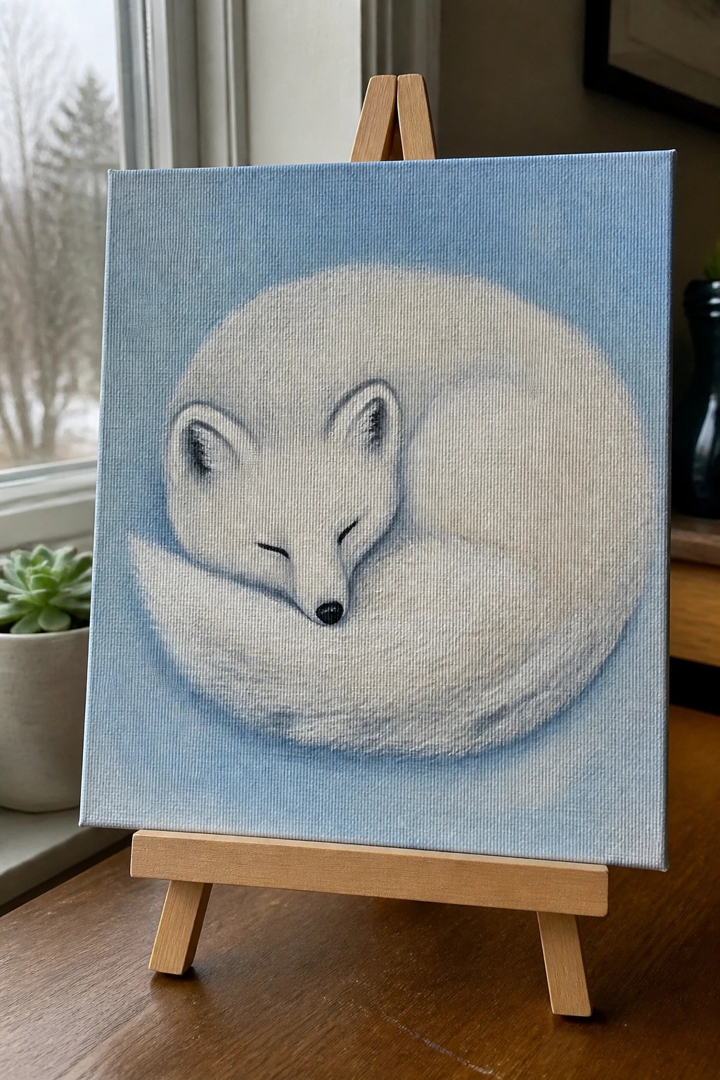 Curled white fox sleeping on light blue background, canvas on wooden easel.