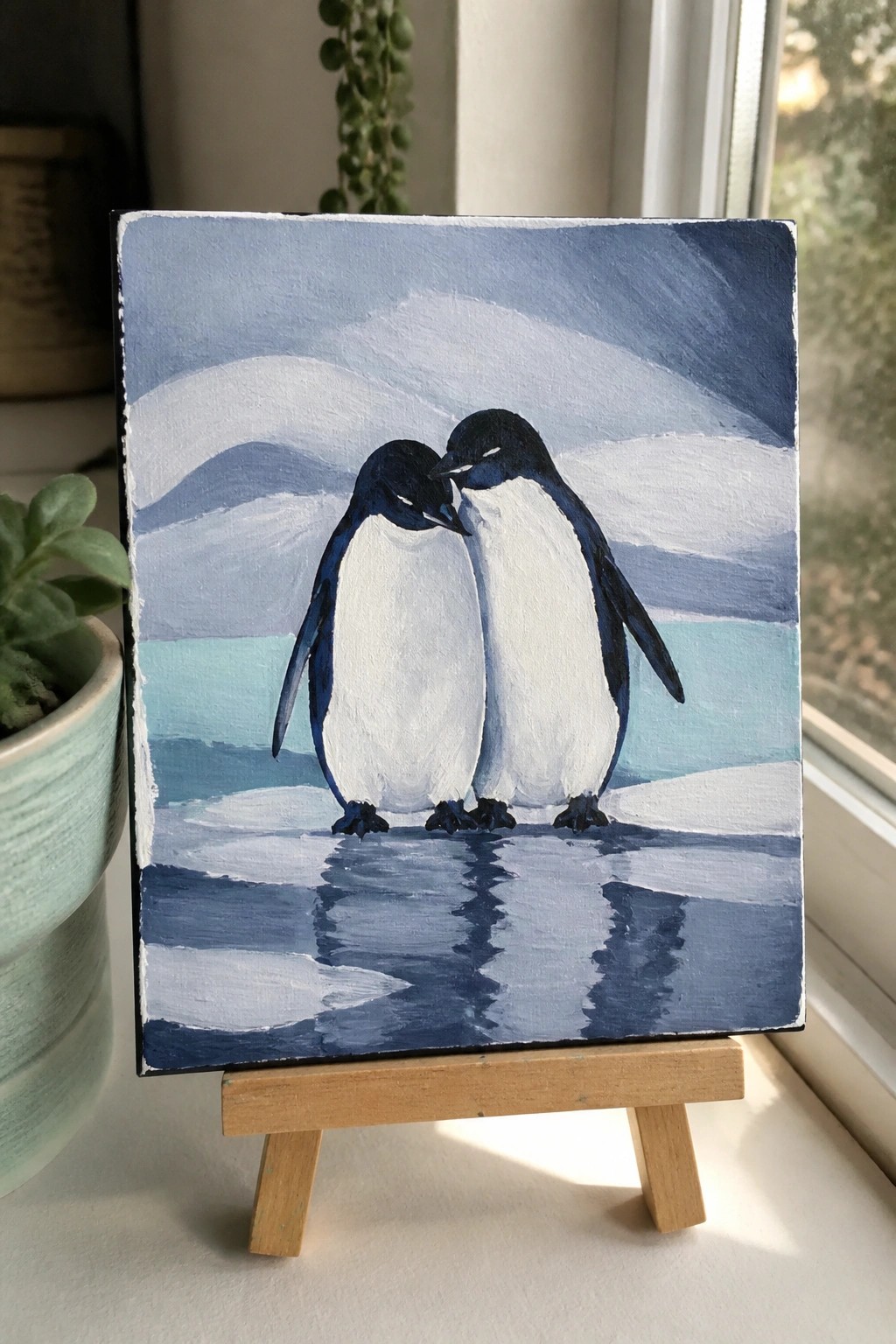Two penguins nuzzling on snowy ice with blue hills, painting on wooden easel
