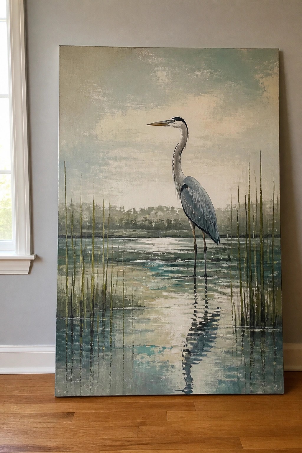 Large painting of a heron standing in reflective marsh waters with reeds.