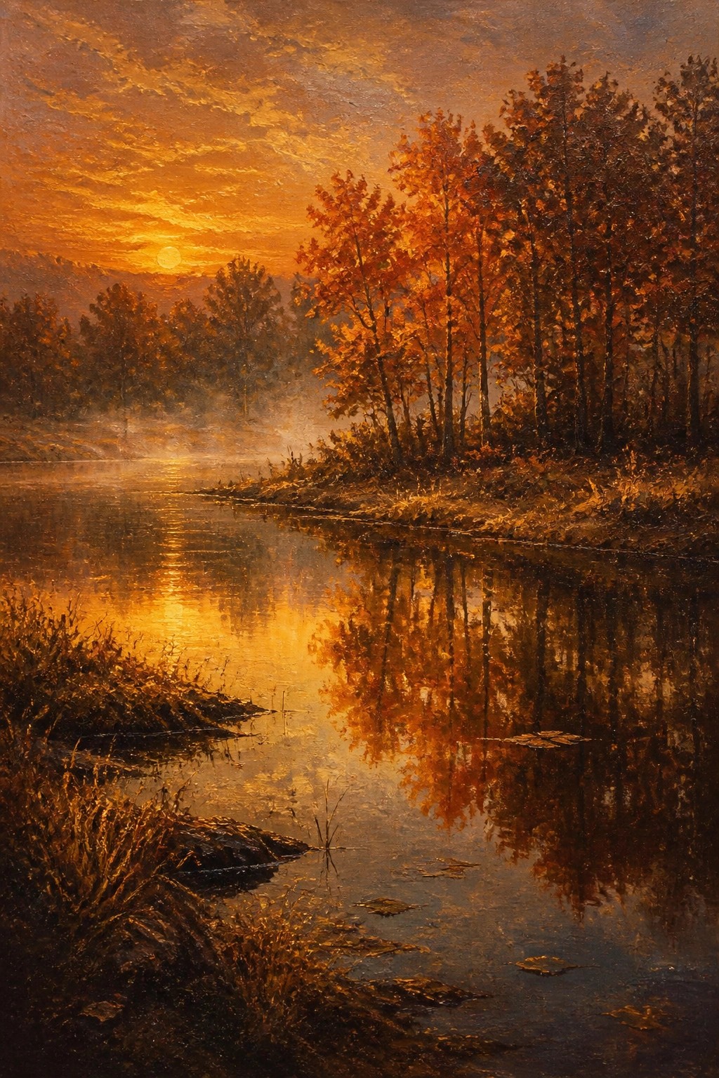 Golden sunset over misty river with reflections of orange autumn trees.