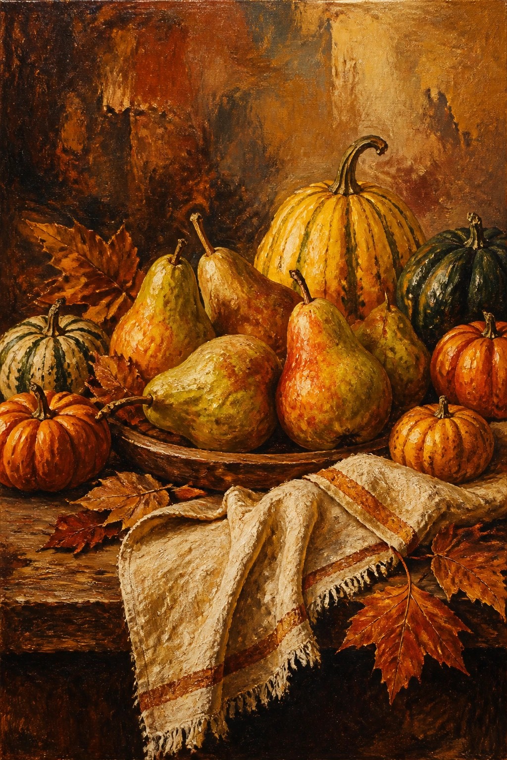 Autumn still life with pears in bowl, pumpkins, gourds, and leaves.