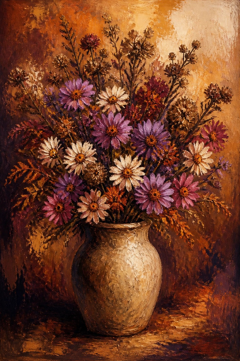 An acrylic painting of purple, white, and orange flowers arranged in a beige vase on a textured warm brown background.