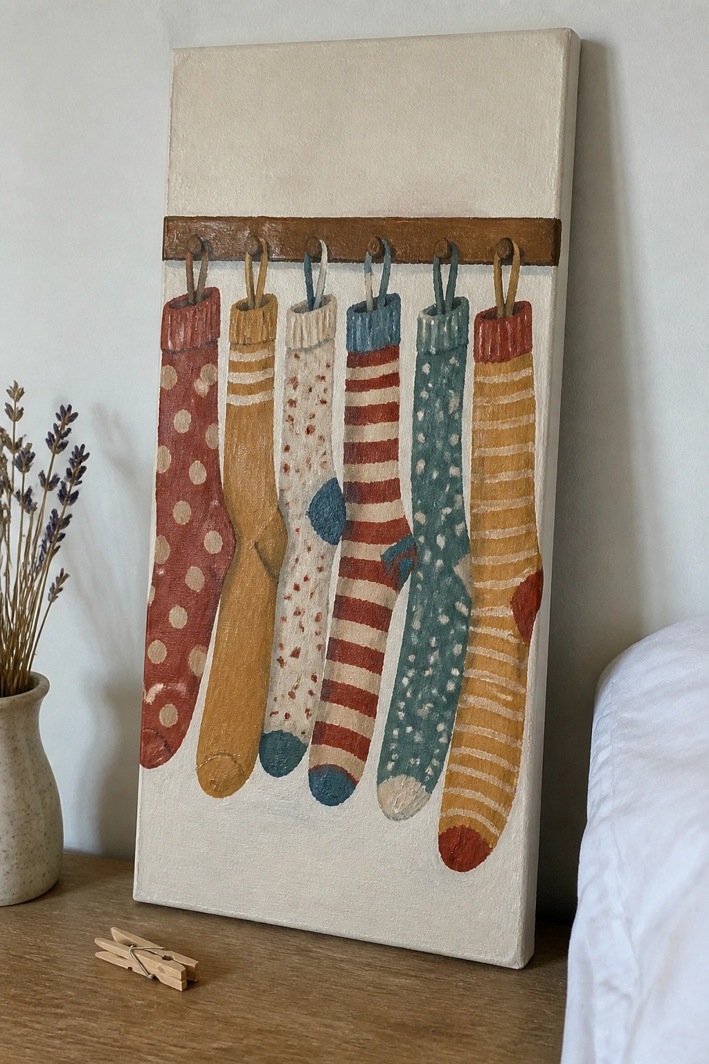 Painting of six colorful patterned socks hanging from a wooden rod on canvas