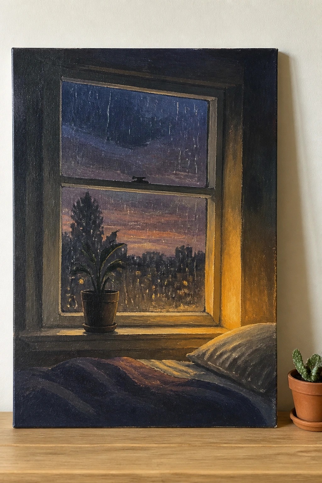 Rainy window at dusk with glowing city lights, bed, and potted plant.