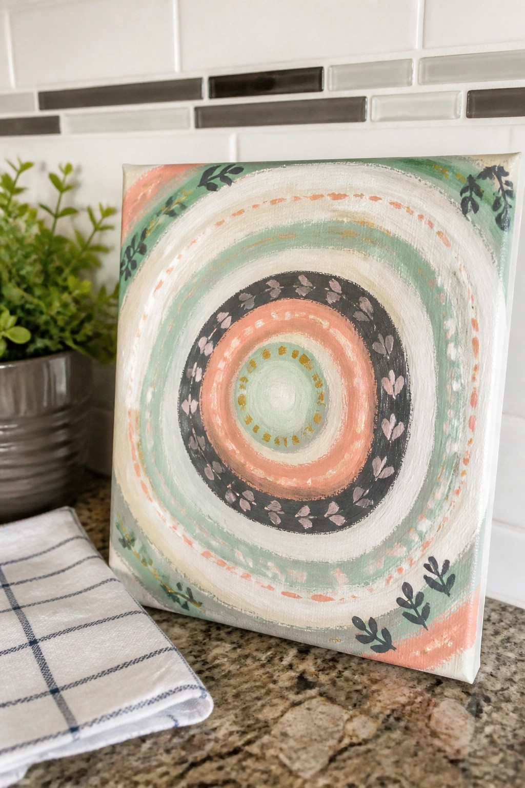 Abstract canvas with peach-green concentric circles and leaf motifs on kitchen counter