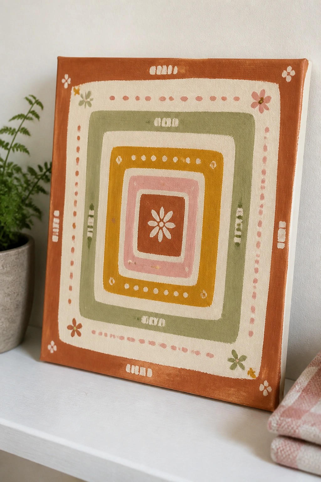 Square acrylic painting with concentric frames in orange, green, yellow, and pink around a central white flower and dotted borders.