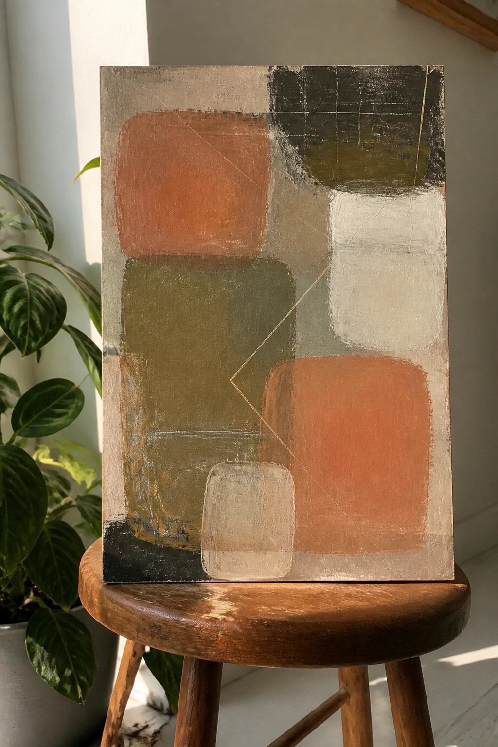 Abstract painting with terracotta, olive, and white shapes on wooden stool beside plant.