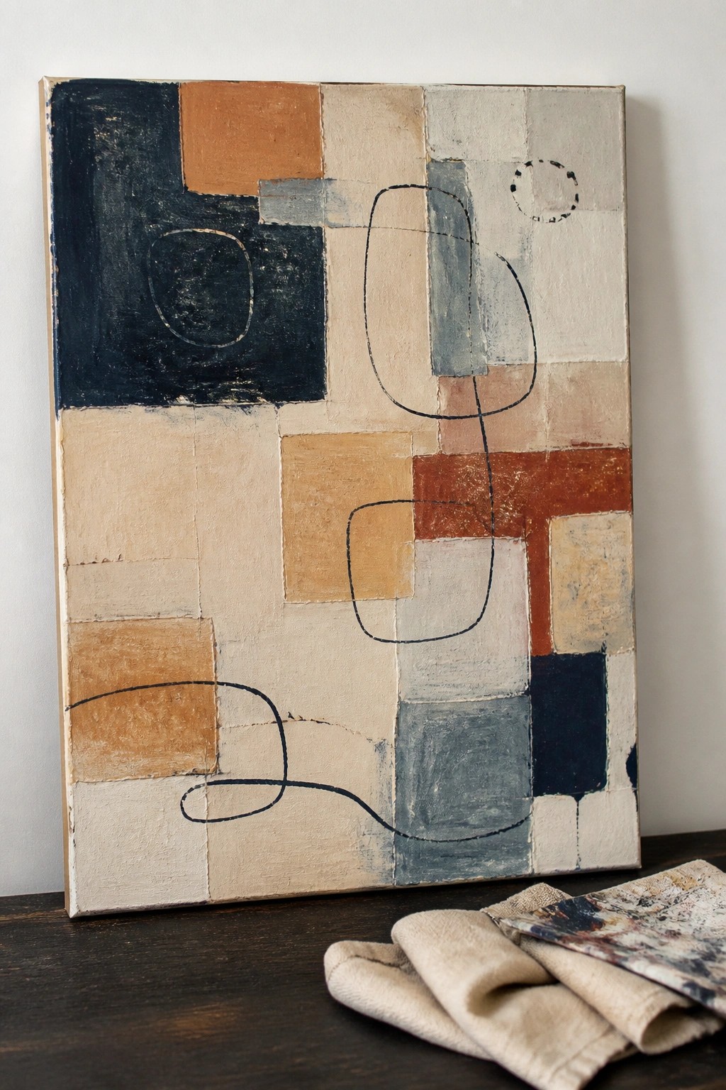 Abstract painting with geometric blocks, muted tones, and black lines beside folded fabrics.