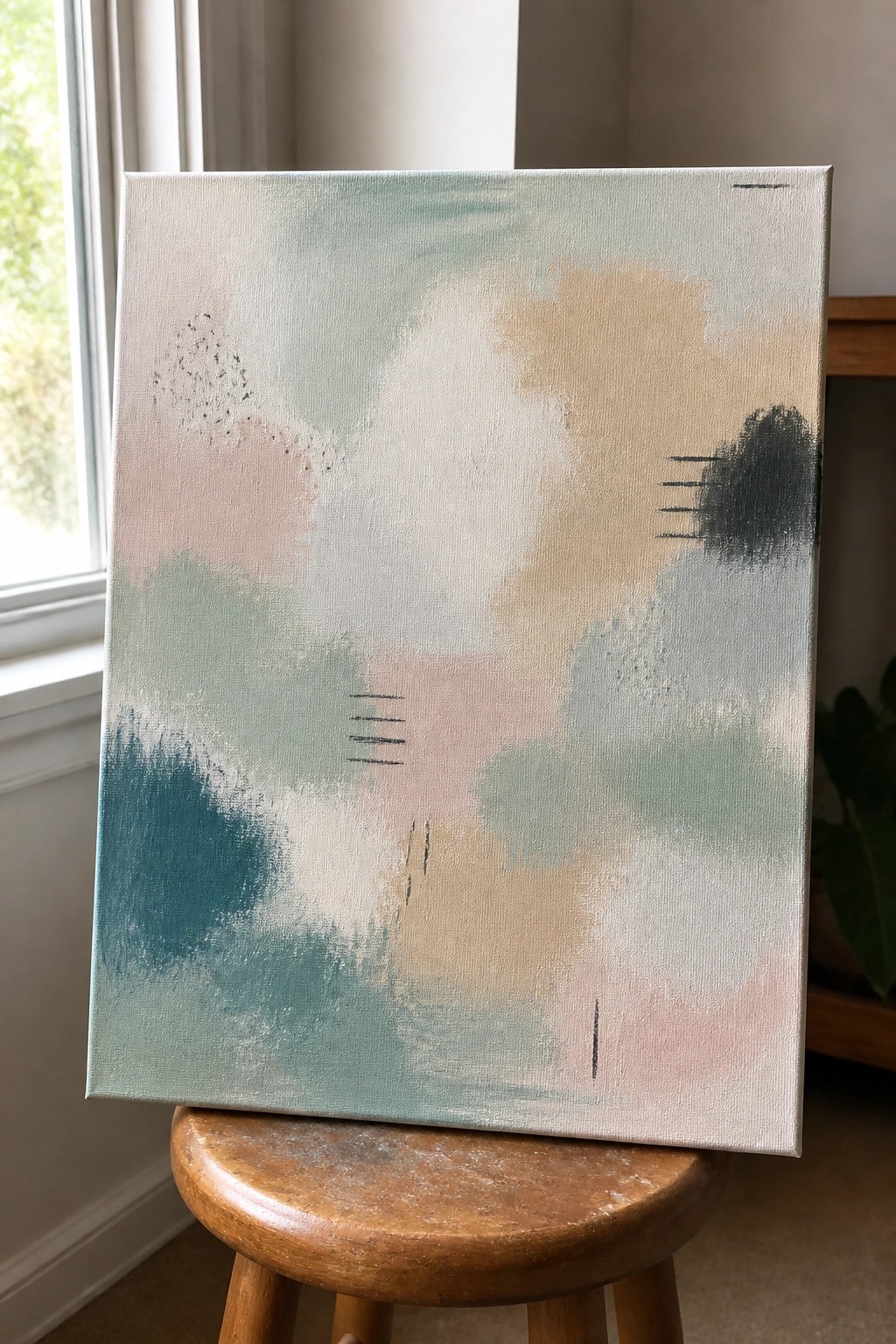 Abstract canvas with soft pastel brushstrokes in teal, pink, and beige on wooden stool.