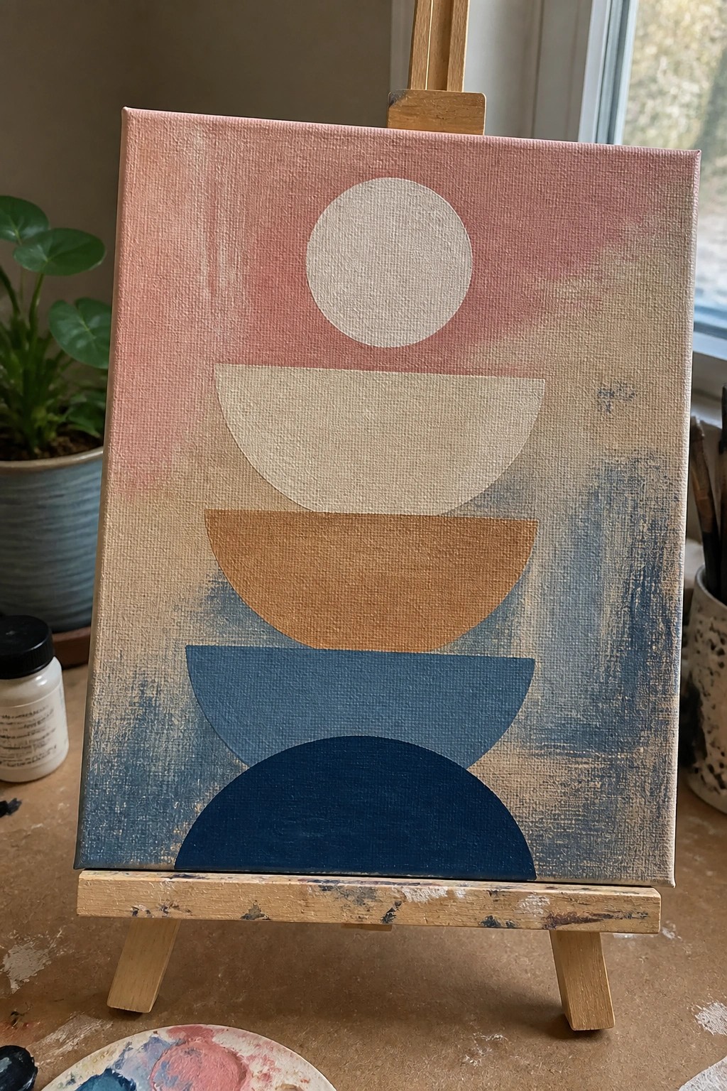 Abstract painting on easel with stacked colorful semicircles in pink, beige, blue, and brown.
