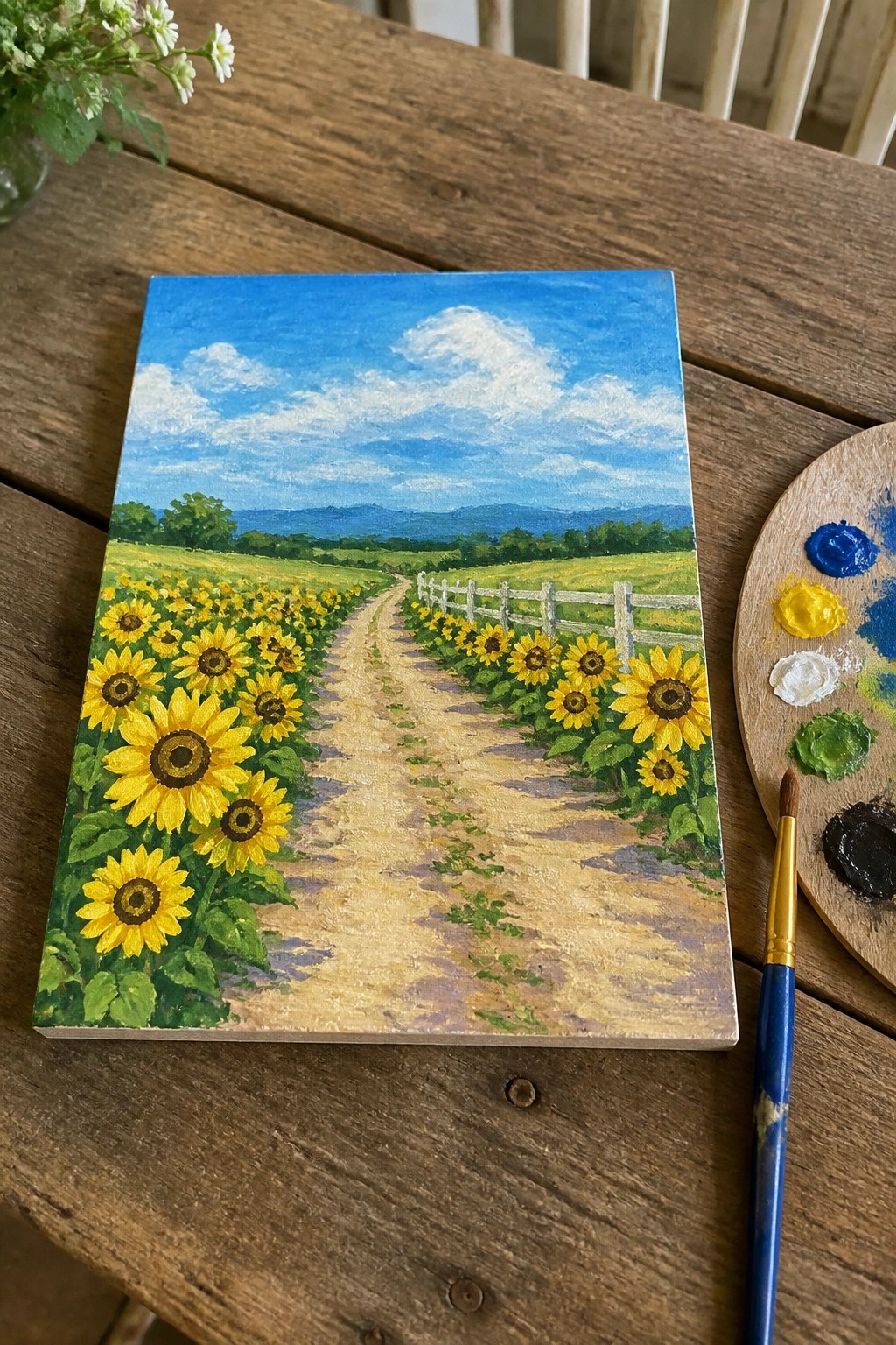 Sunflower field painting on wooden table beside palette and blue brush