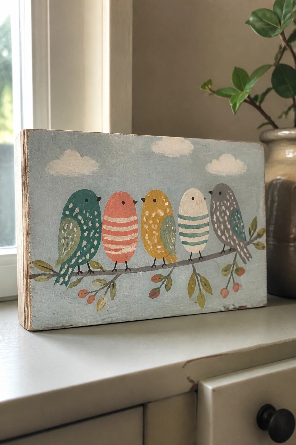 Five colorful birds perched on a branch painted on a wooden block