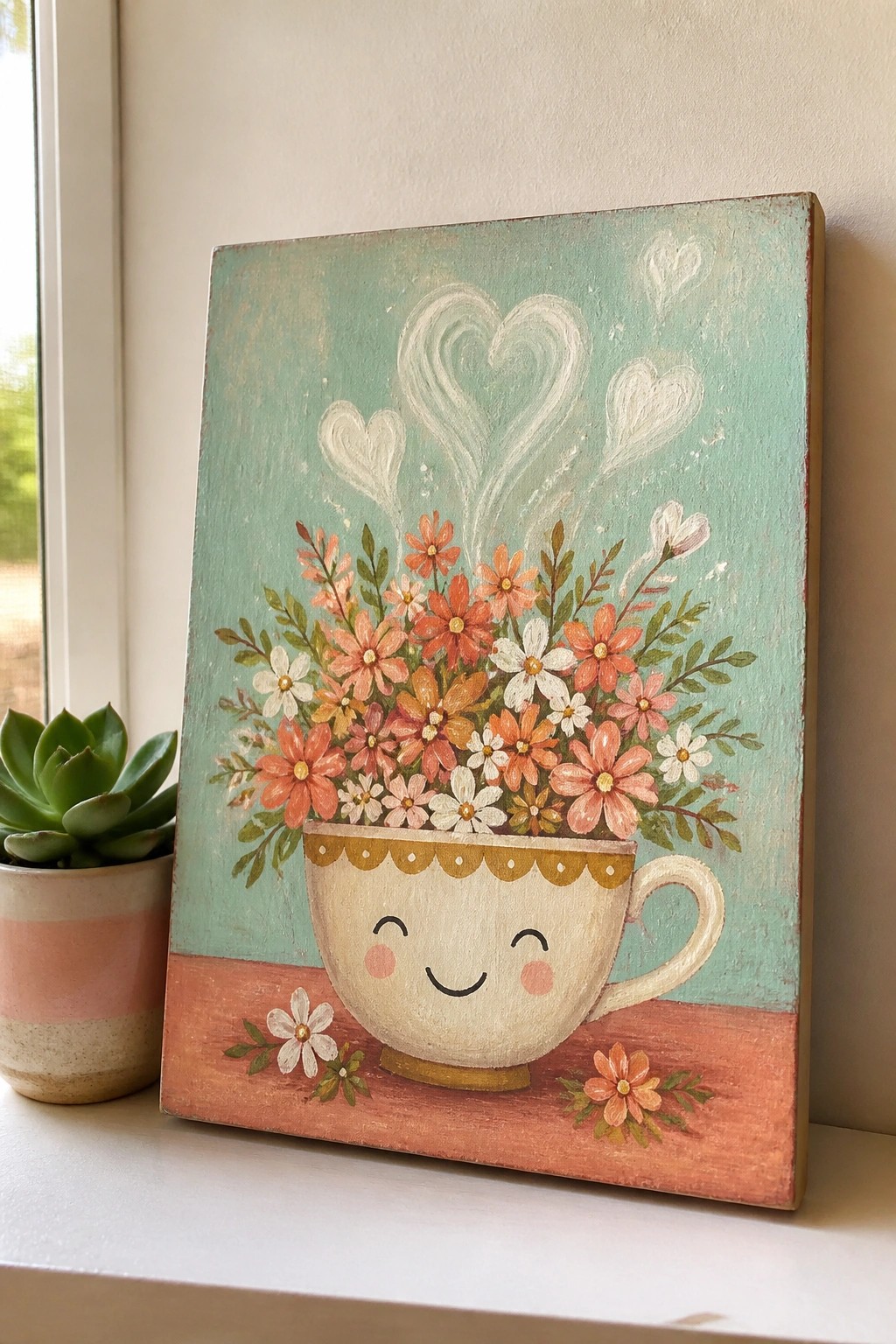 Whimsical painting of smiling teacup with colorful flowers and rising hearts beside succulent