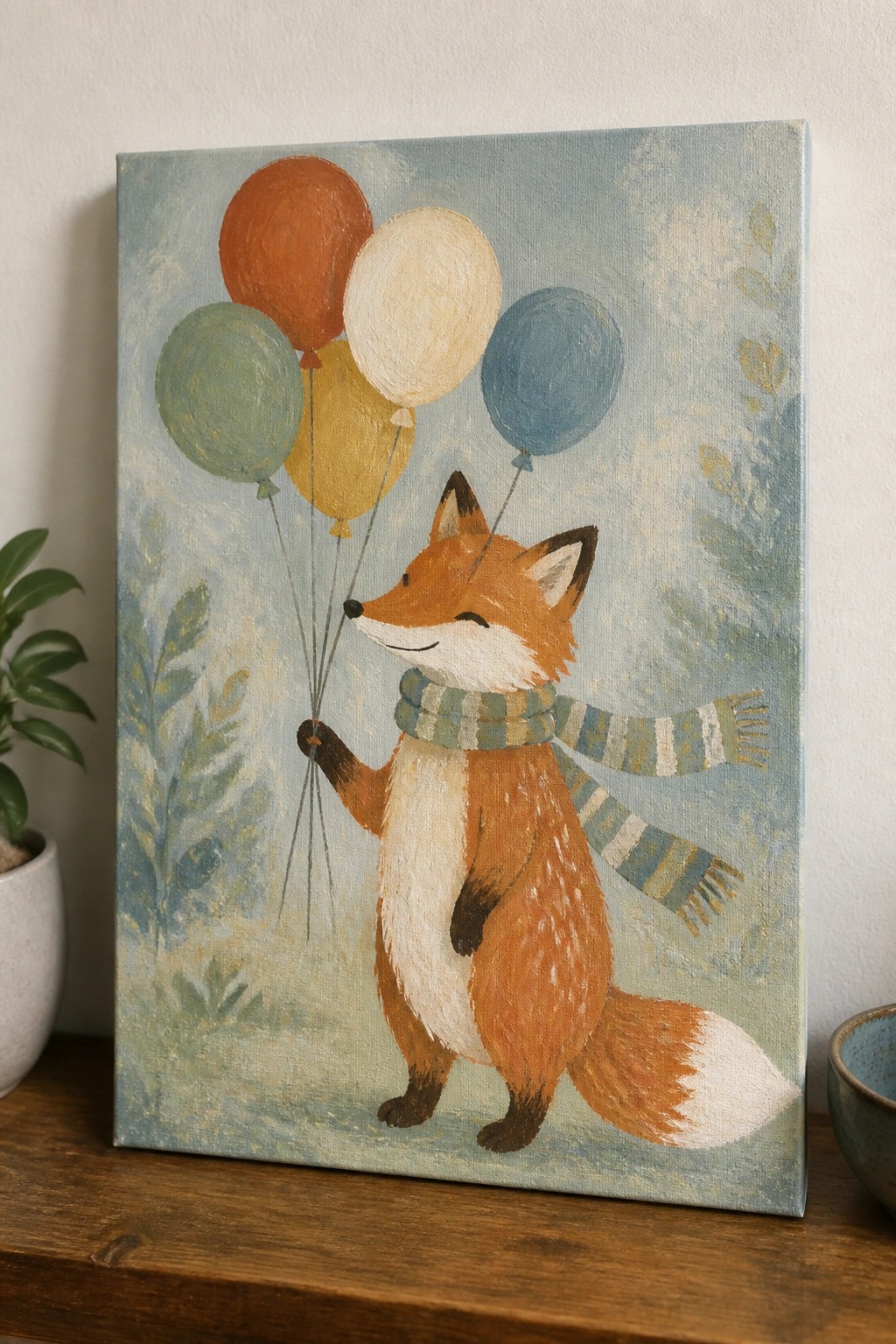 Fox in striped scarf holds colorful balloons in soft illustrated painting