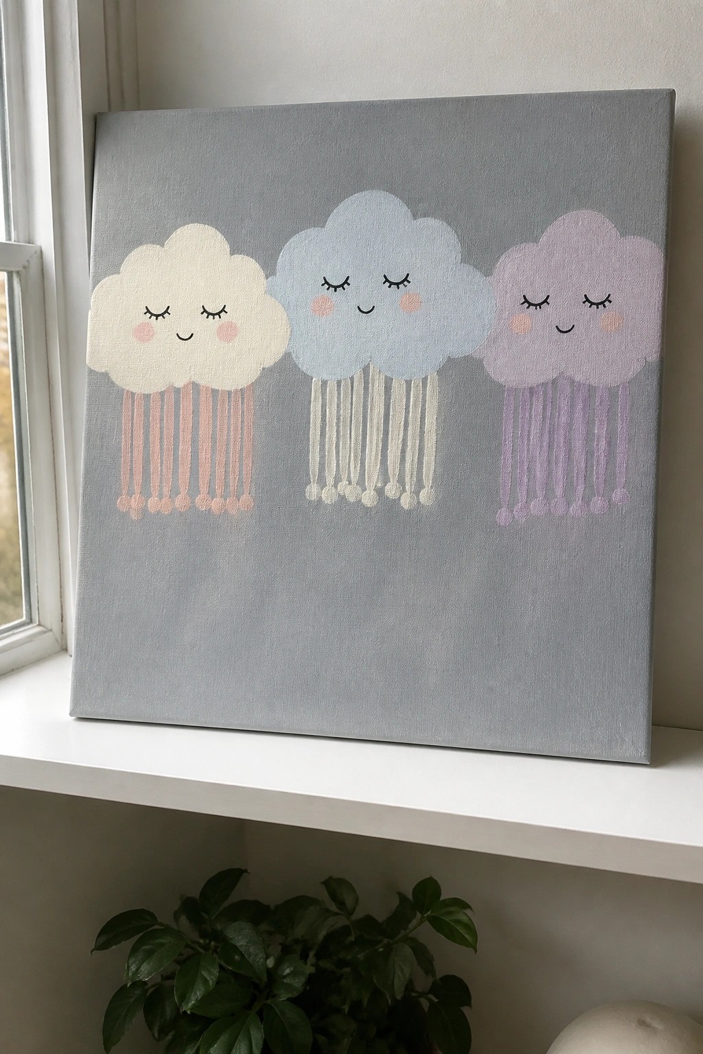 Three smiling pastel clouds with yarn rain strands on gray canvas art