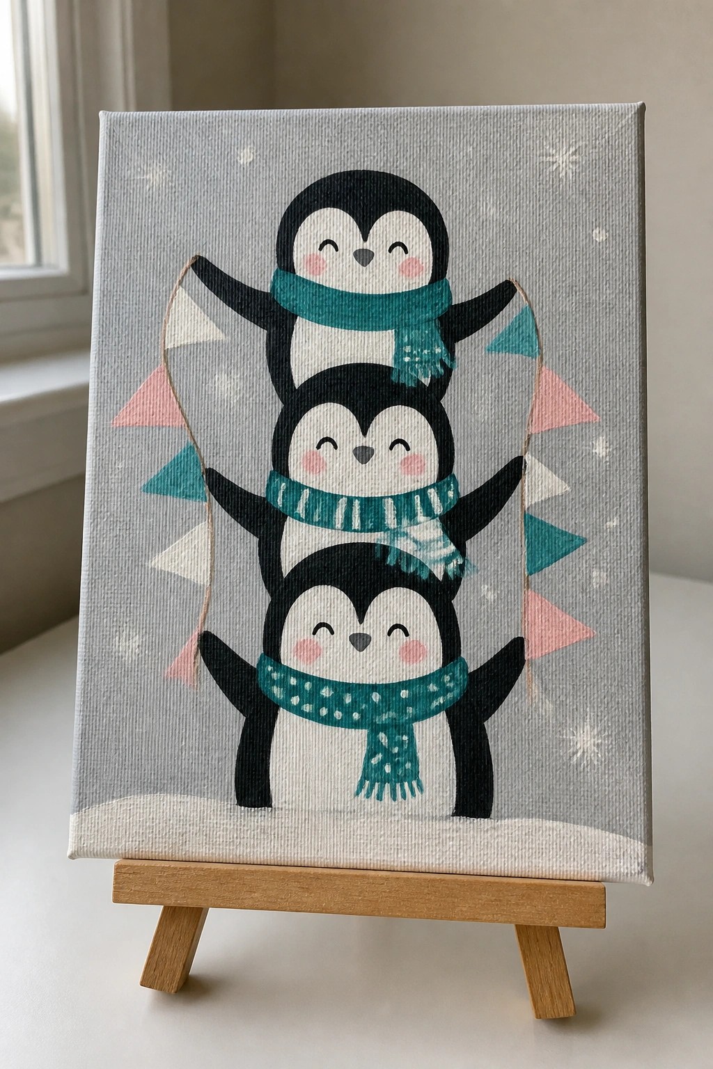 Three stacked penguins in teal scarves holding bunting on snowy canvas