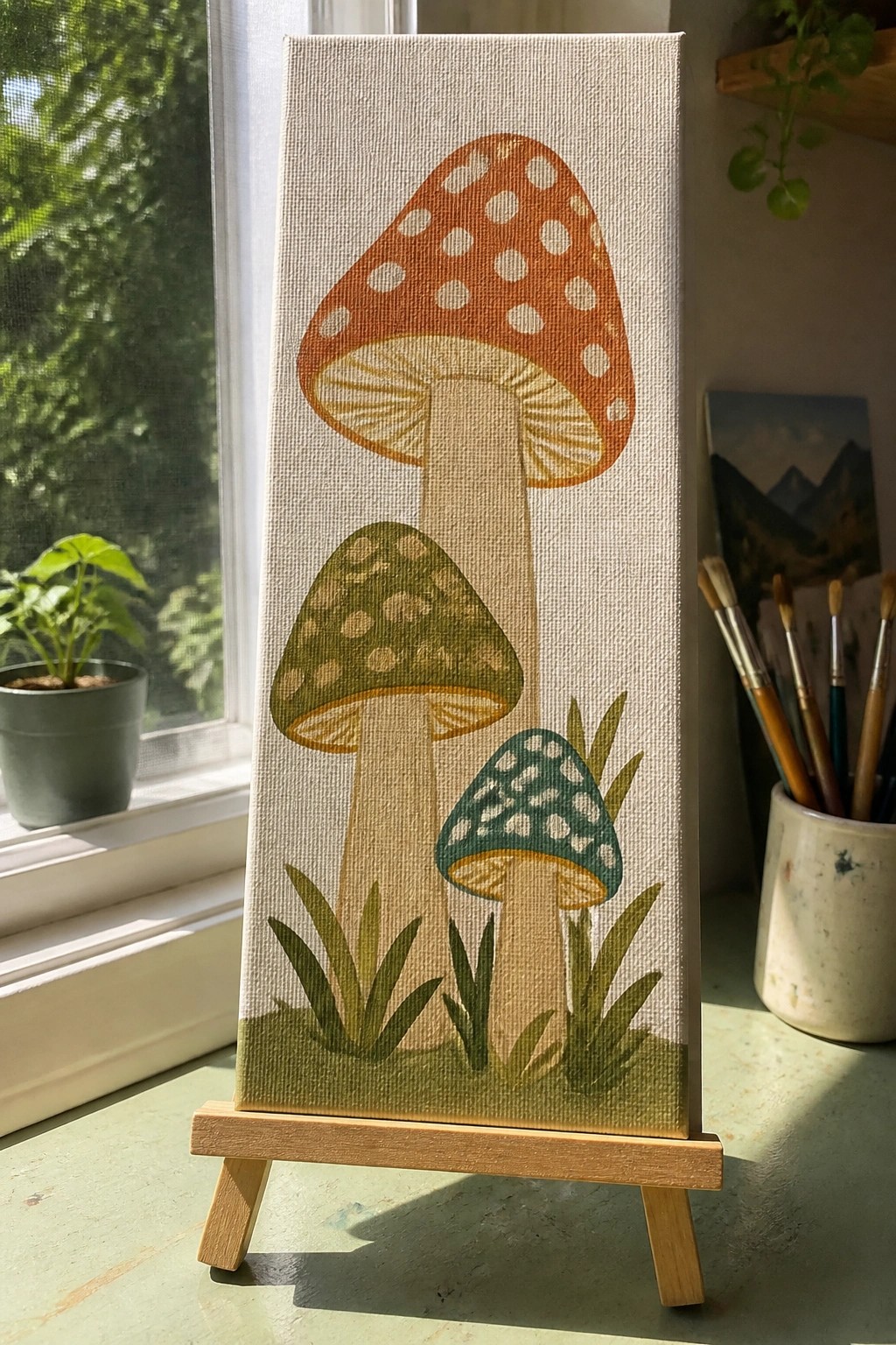 Tall canvas on easel shows three spotted mushrooms in orange, green, and teal with grass.