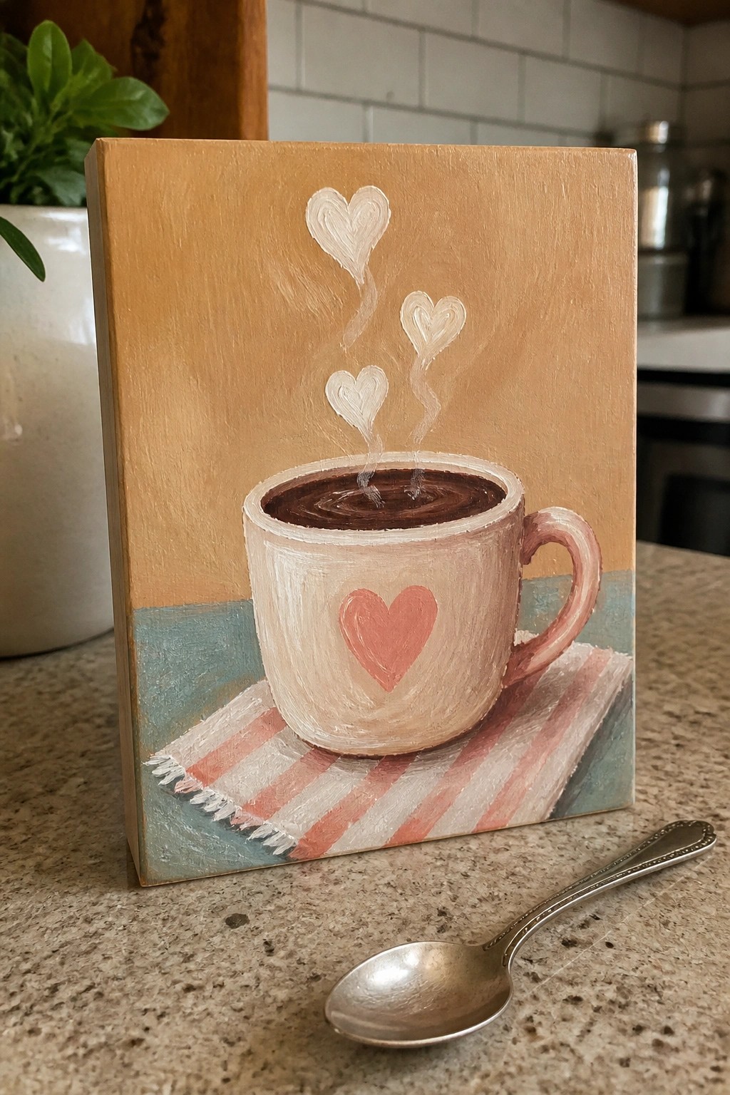 Canvas painting of pink mug with red heart on striped cloth beside spoon