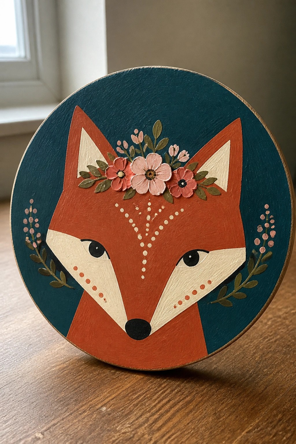 Stylized orange fox face with pink floral crown on teal wooden circle.