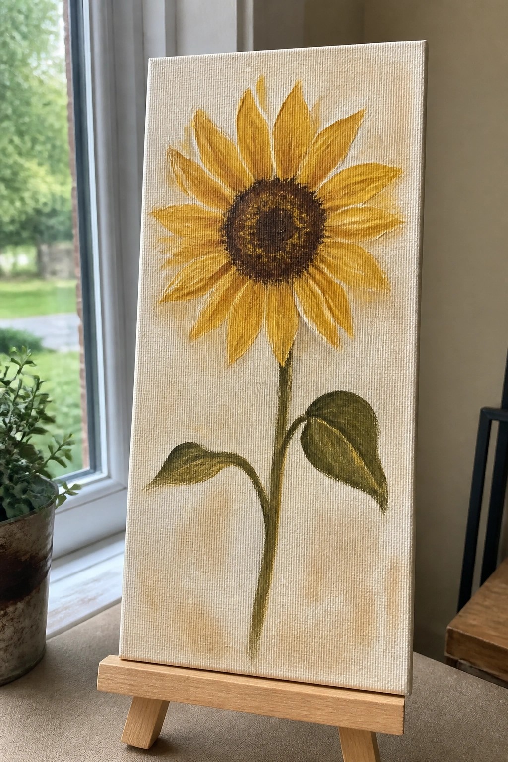 Sunflower with yellow petals and brown center on canvas atop wooden easel