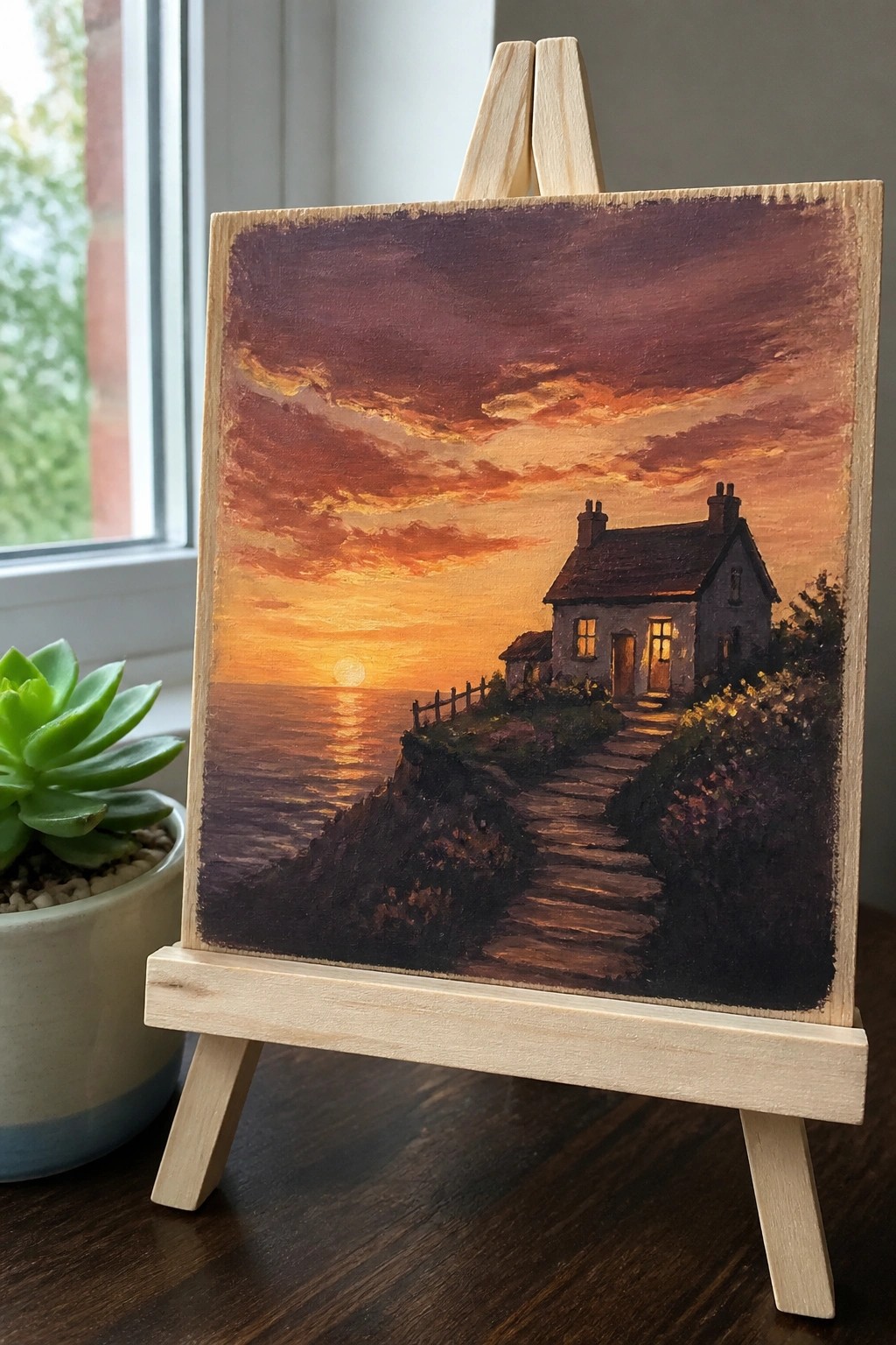 Miniature painting on easel depicts sunset over cliffside cottage by ocean, with potted succulent nearby.