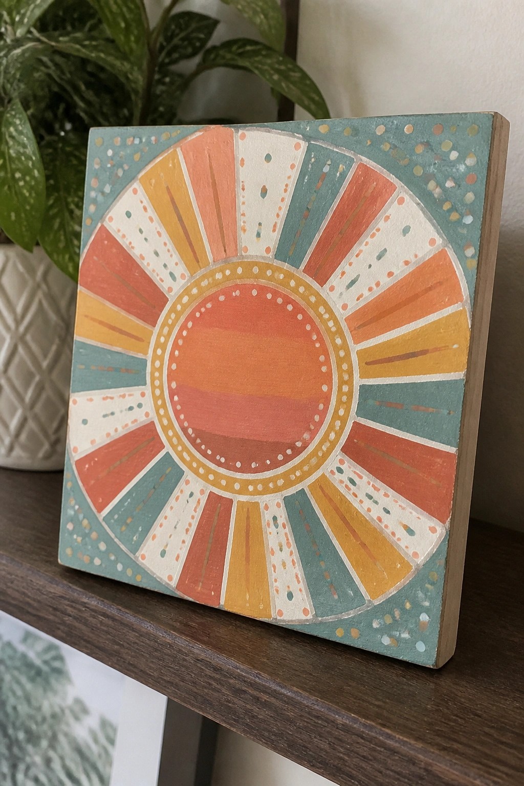 Colorful sunburst painting on square wood with orange, yellow, and teal rays.