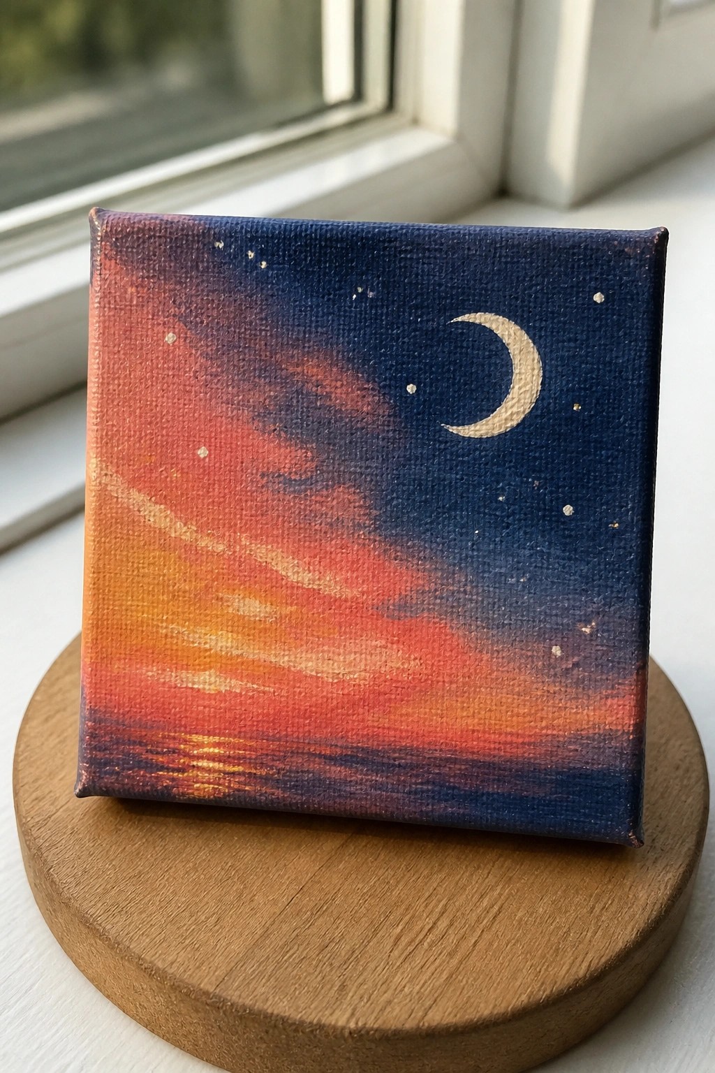 A small square acrylic painting on a wooden stand shows a sunset blending from orange and red at the bottom to dark blue at the top, with a golden crescent moon and white stars in the upper right.