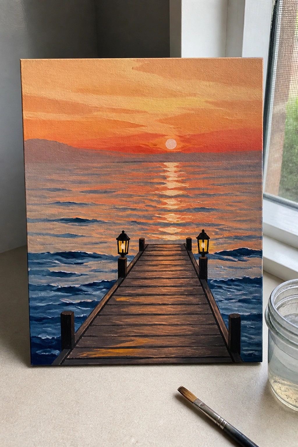 Sunset painting of wooden pier with glowing lanterns over orange ocean waves.