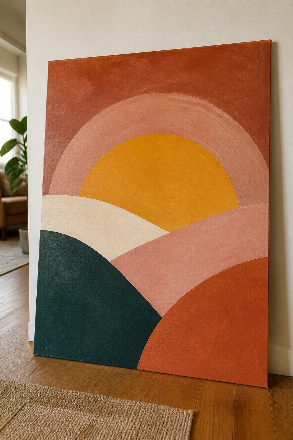 Large abstract painting with colorful curved shapes in earth tones leaning on wall