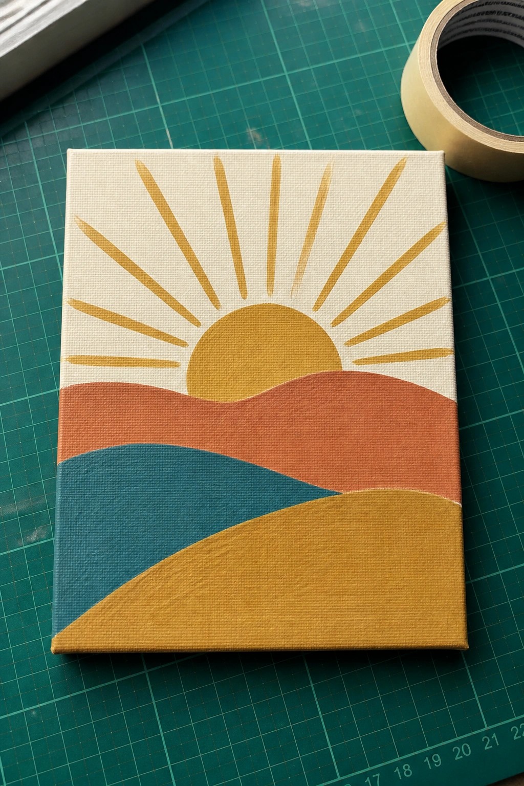 Canvas with yellow sun rays over wavy orange, teal and mustard hills on green mat with tape.