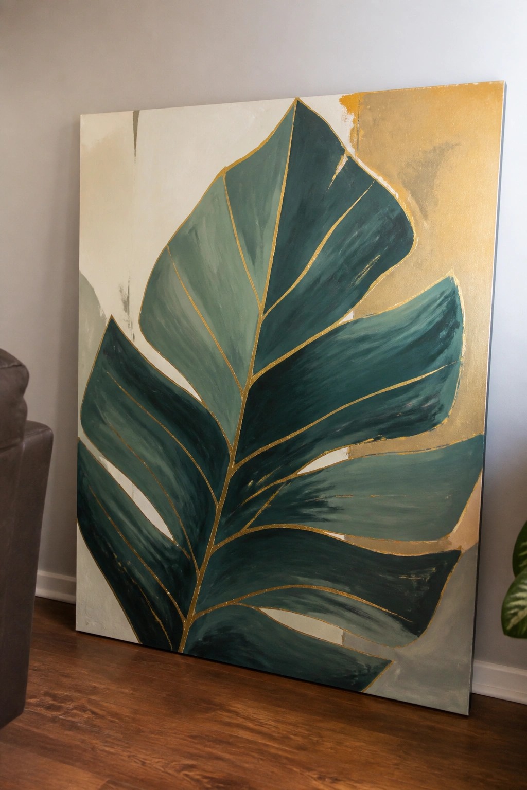 Large green leaf painting with gold veins on canvas leaning against wall