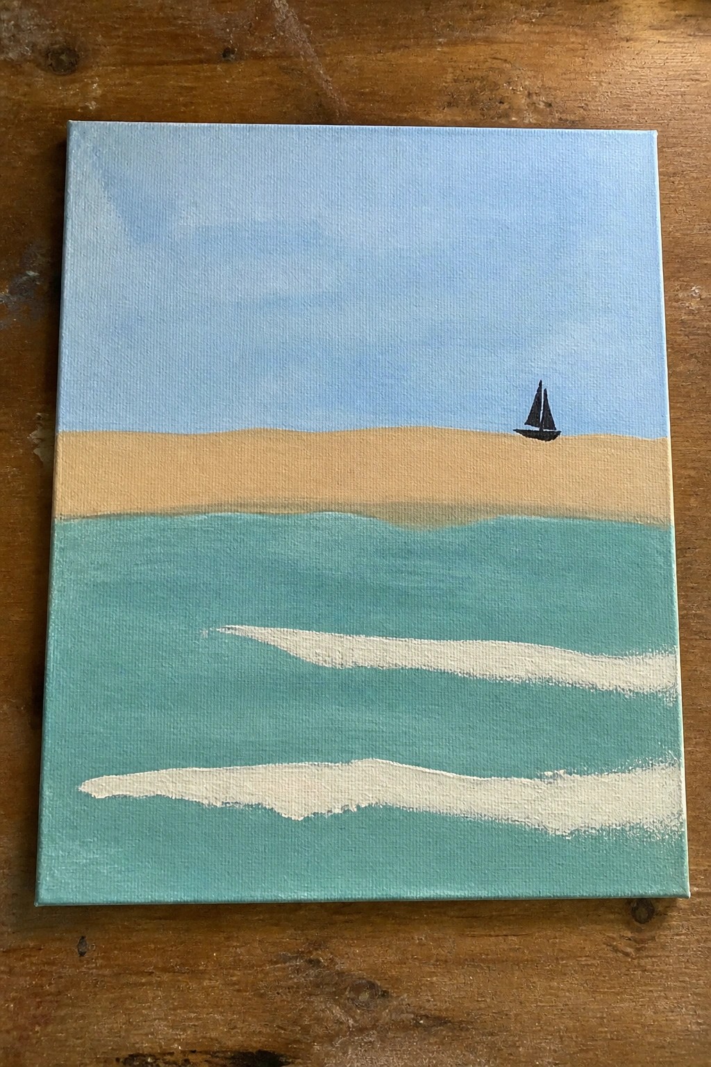 Minimalist painting of black sailboat on turquoise water with white waves, sandy shore, blue sky.