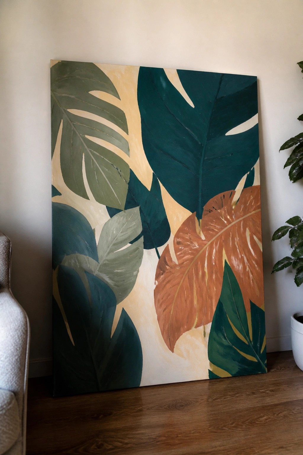 Large vertical painting of tropical monstera leaves in green, teal, and rust tones.