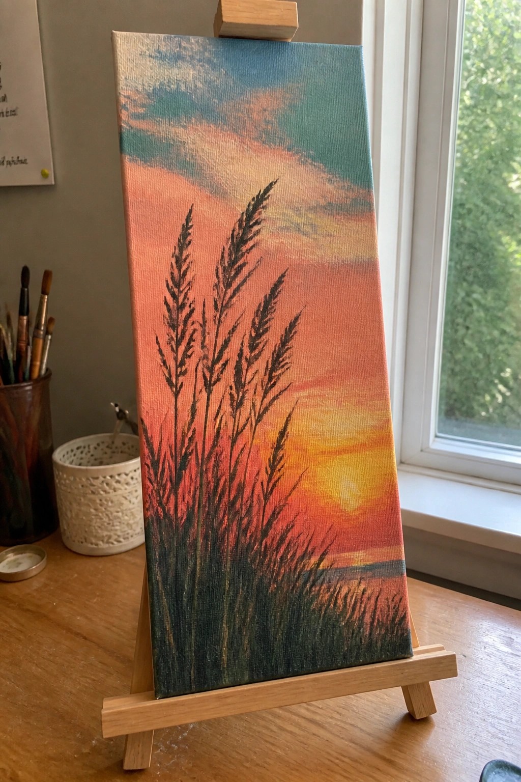Canvas on wooden easel shows tall dark grass against vibrant orange sunset sky.
