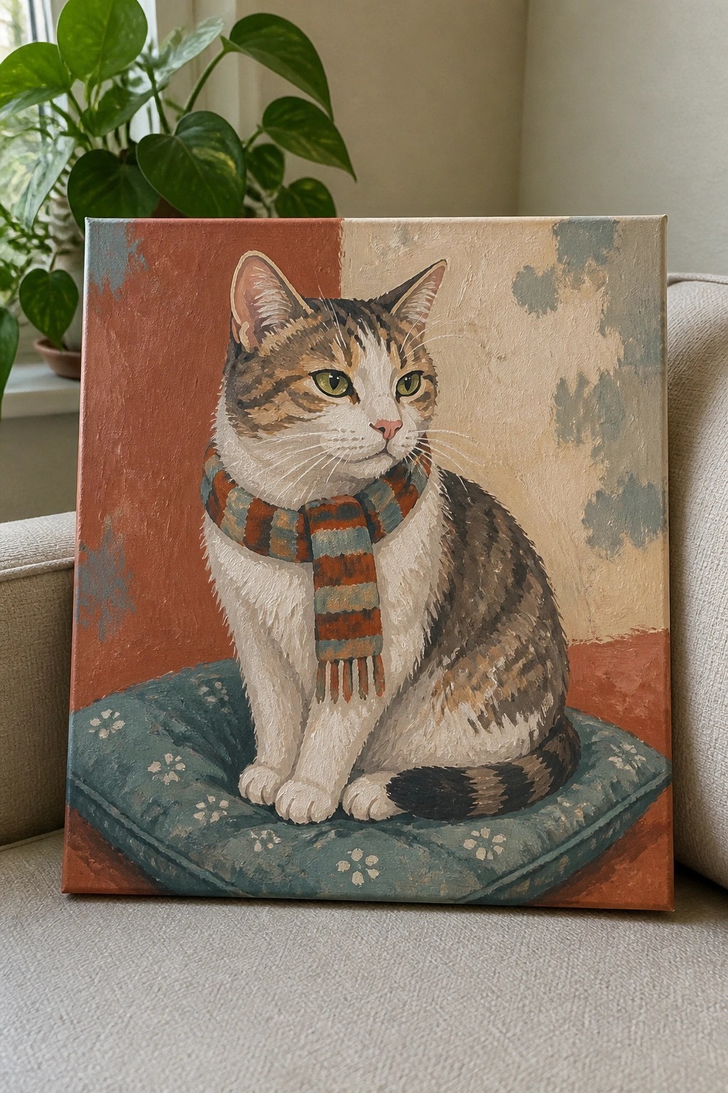 Painting of tabby cat in striped scarf on teal floral cushion with red-beige backdrop