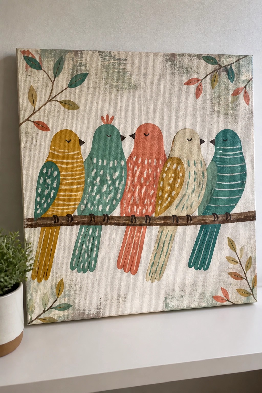 Five colorful stylized birds perched on a branch with leafy accents