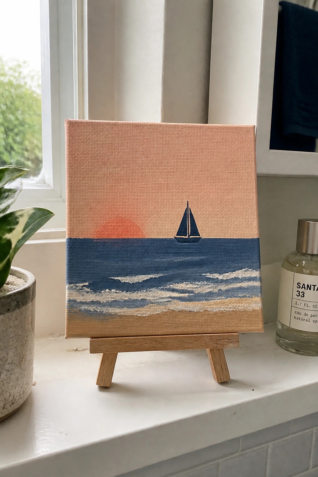 Miniature sailboat sunset painting on easel beside plant and perfume bottle on sill