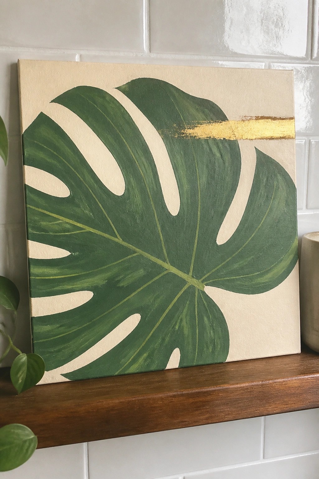 Green monstera leaf painting with gold stripe on wooden shelf against white tiles