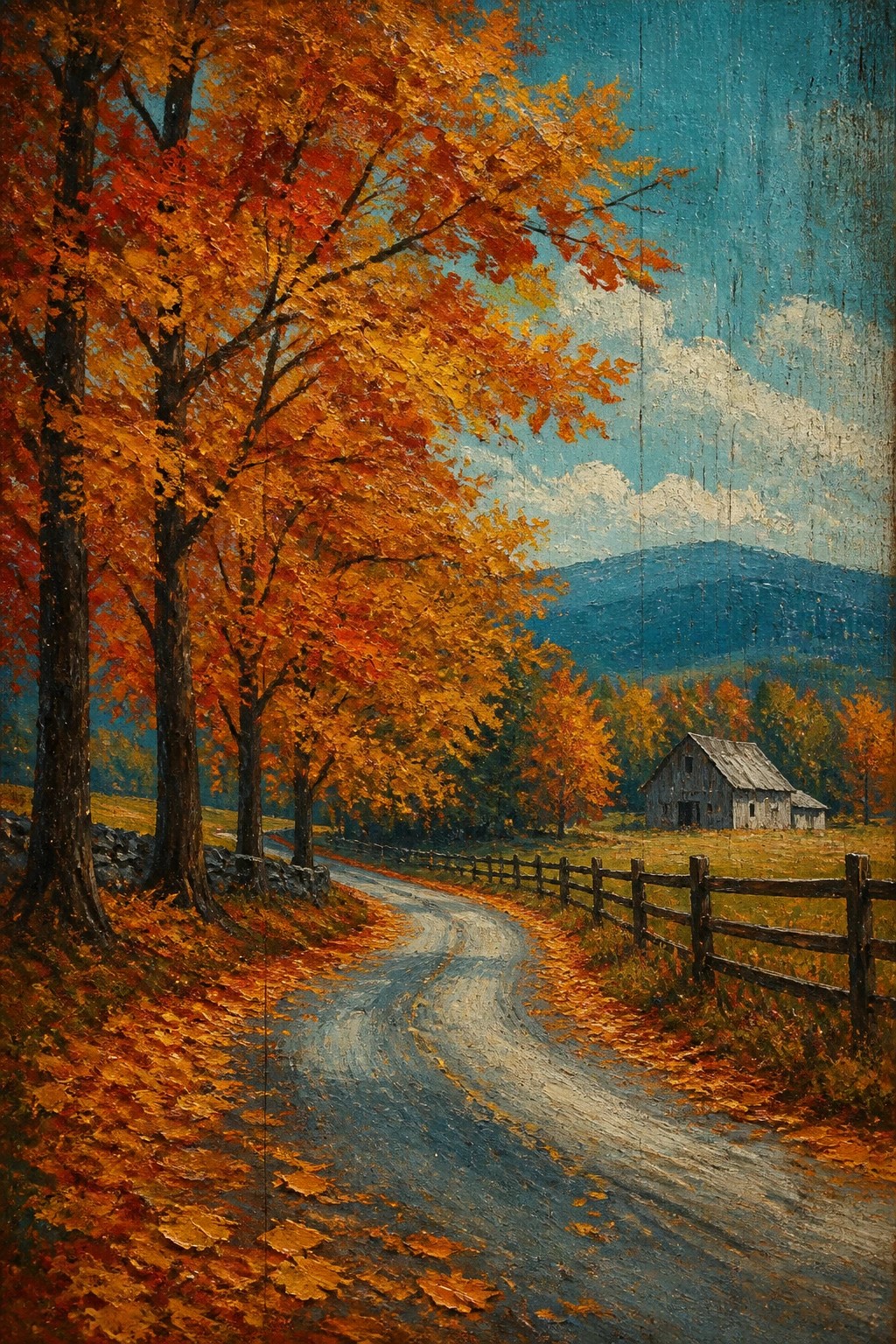 Autumn trees with orange leaves line a winding road by a wooden barn and fence.