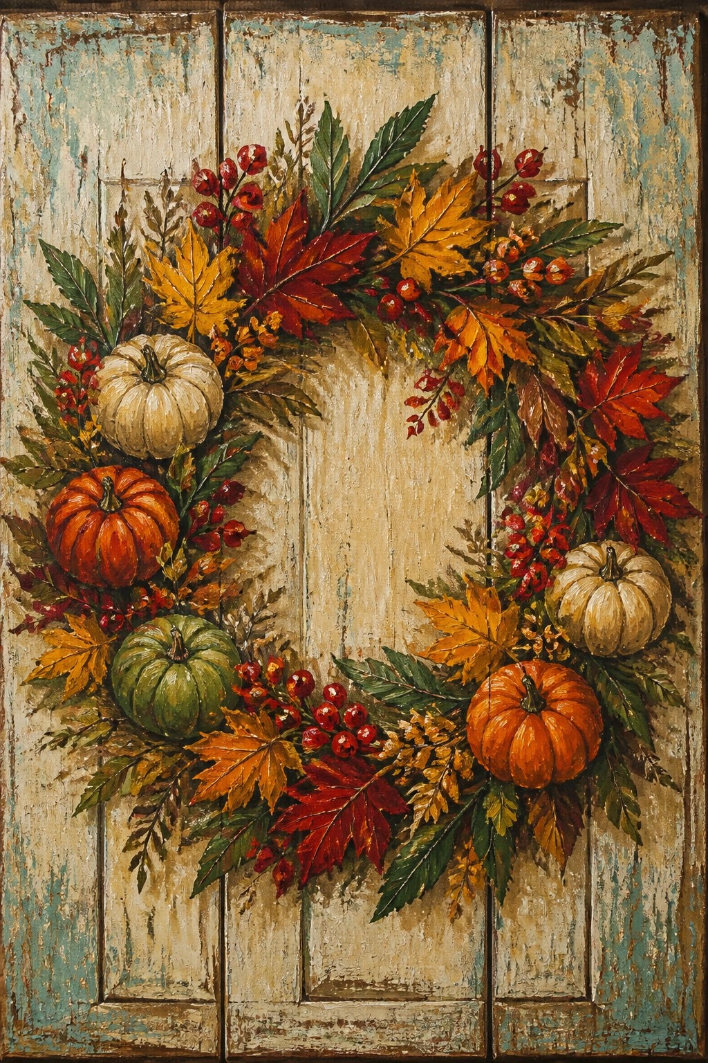 Autumn wreath with pumpkins, colorful leaves and berries on rustic wooden panels