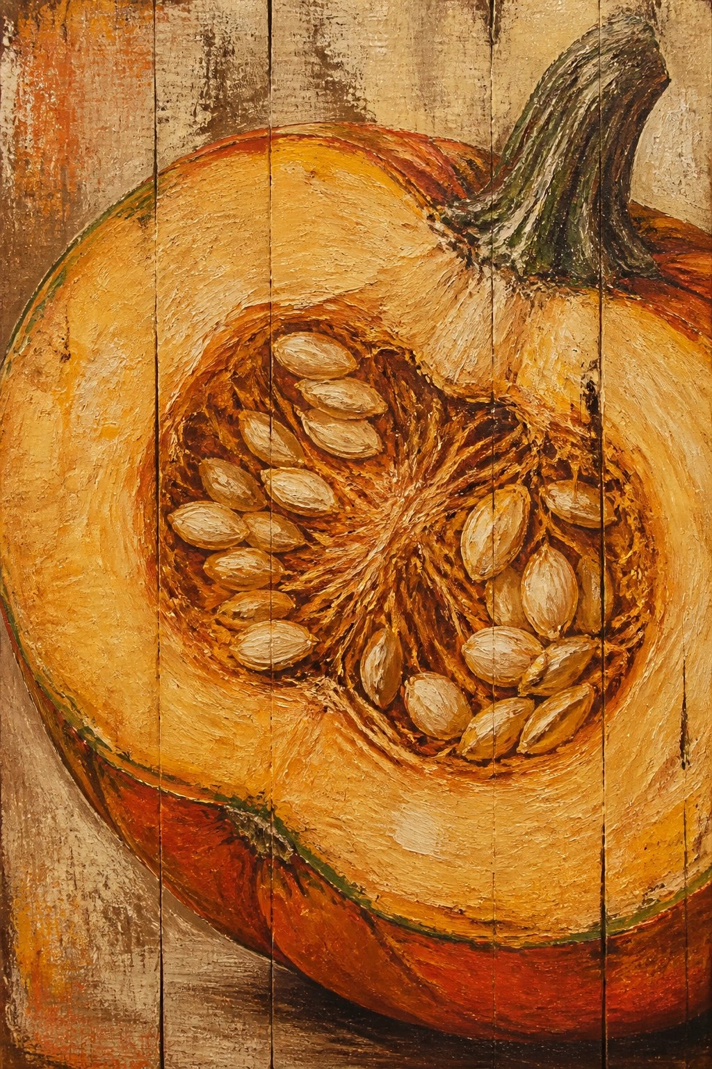 An acrylic painting of a halved pumpkin with visible seeds on a wooden plank background.