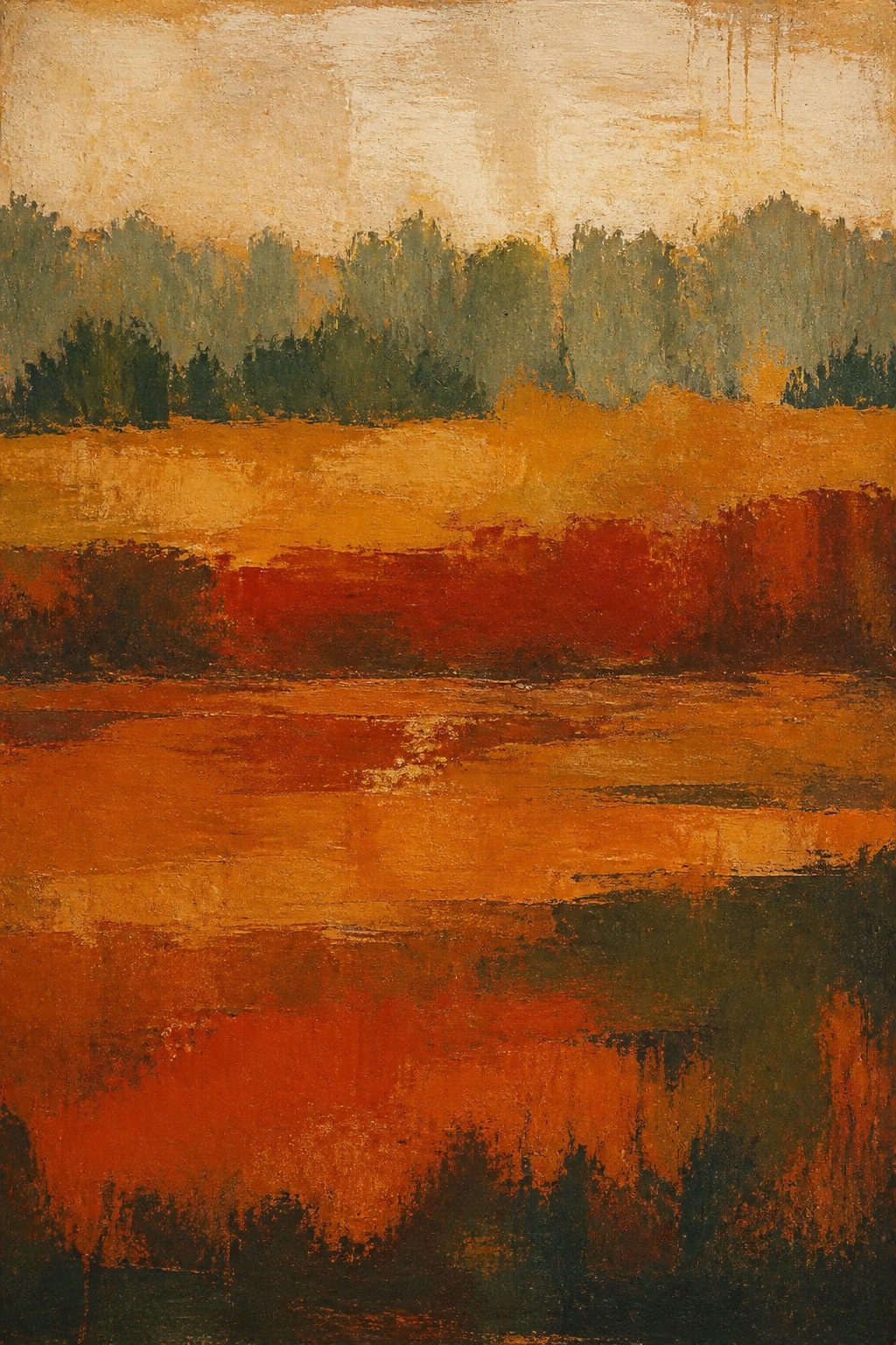 Abstract landscape painting with green foliage over textured orange and red fields