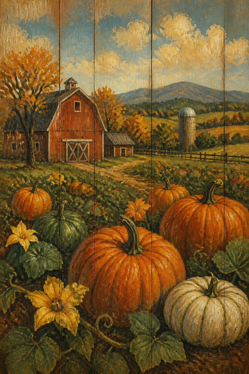 Acrylic painting of orange and white pumpkins in a field with a red barn, silo, autumn trees, and mountains on vertical wood panels.