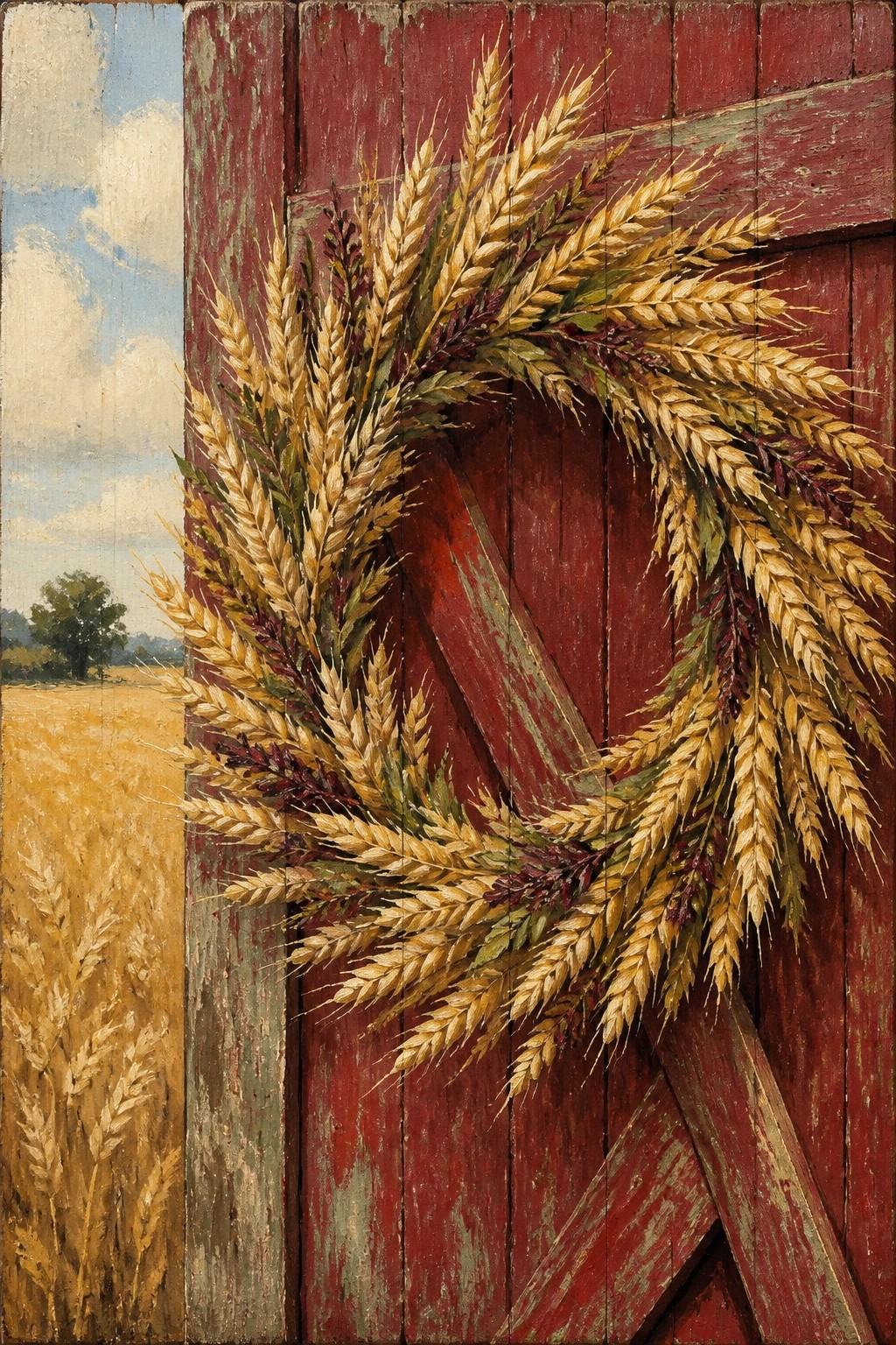 Golden wheat wreath on weathered red barn door beside golden field