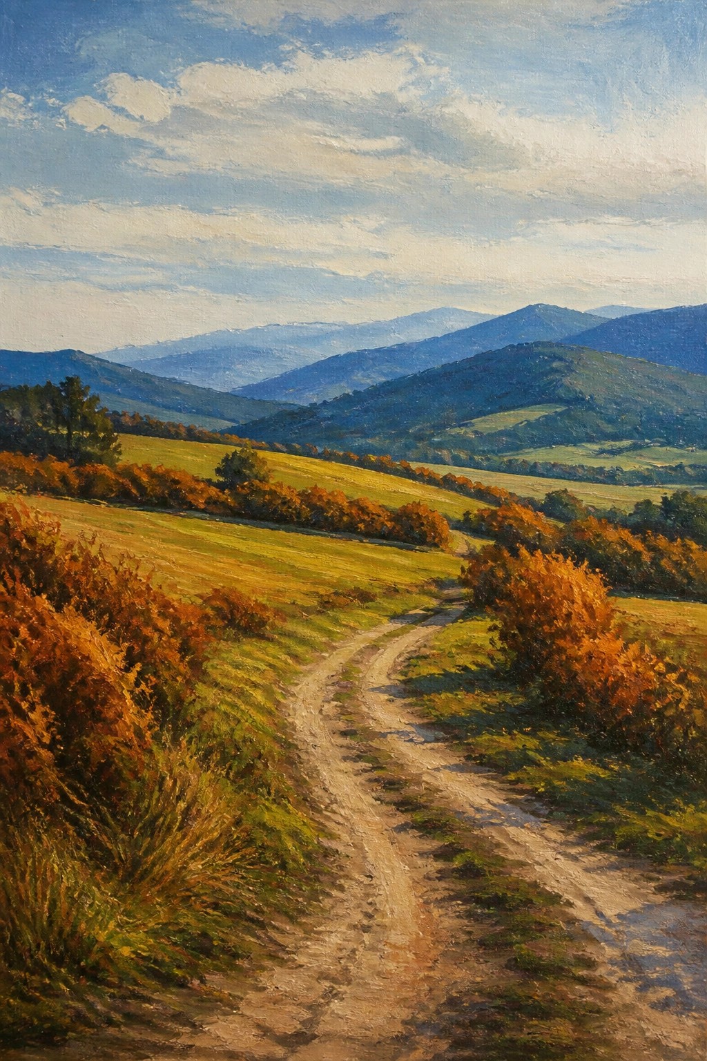 An acrylic painting of a dirt road winding through autumn fields and hills with distant mountains under a blue sky.