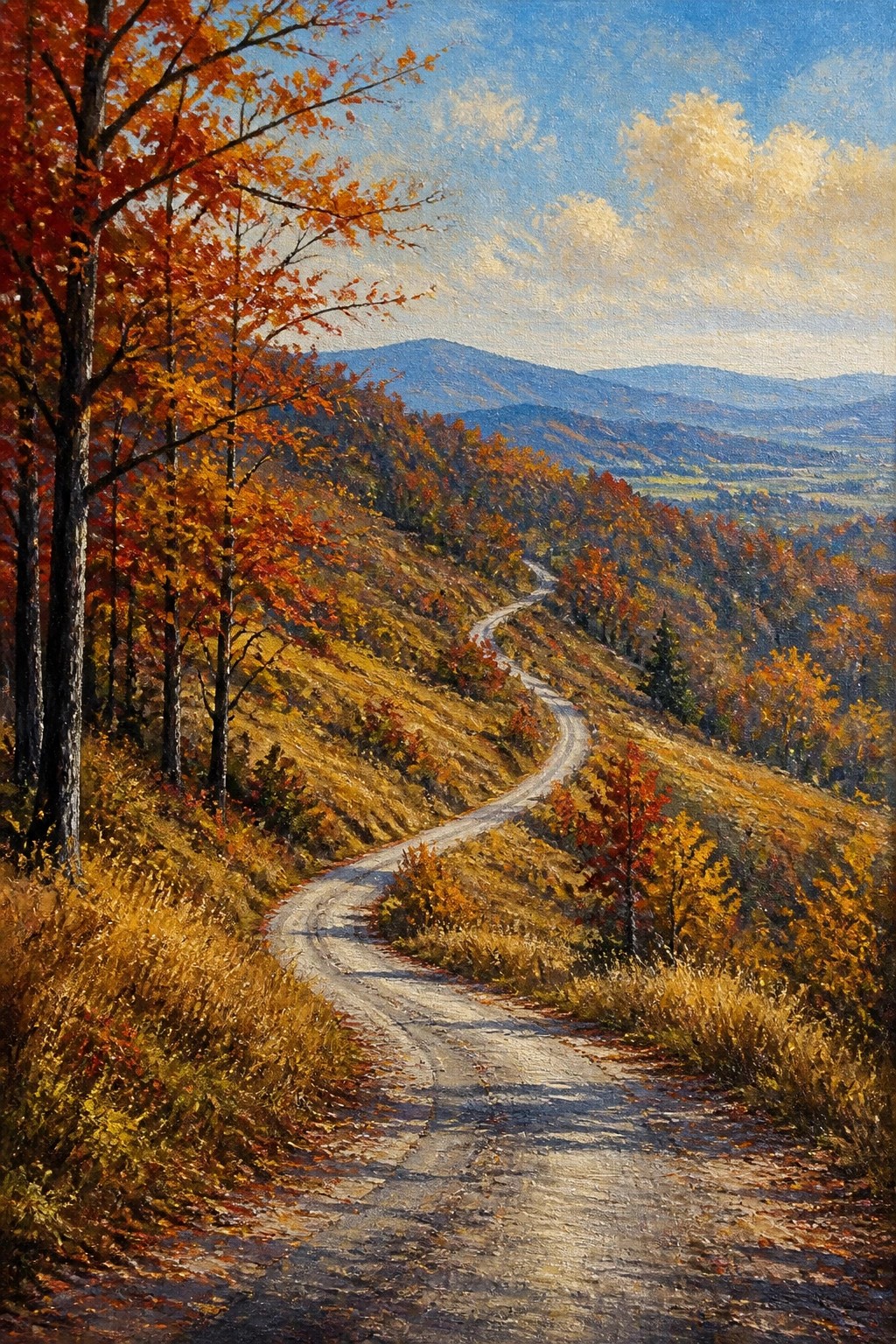 Winding dirt road curves through vibrant autumn trees on hills with distant mountains.